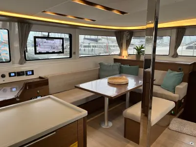 Salon of White Pearl, a Lagoon 46 catamaran at Athens, Greece