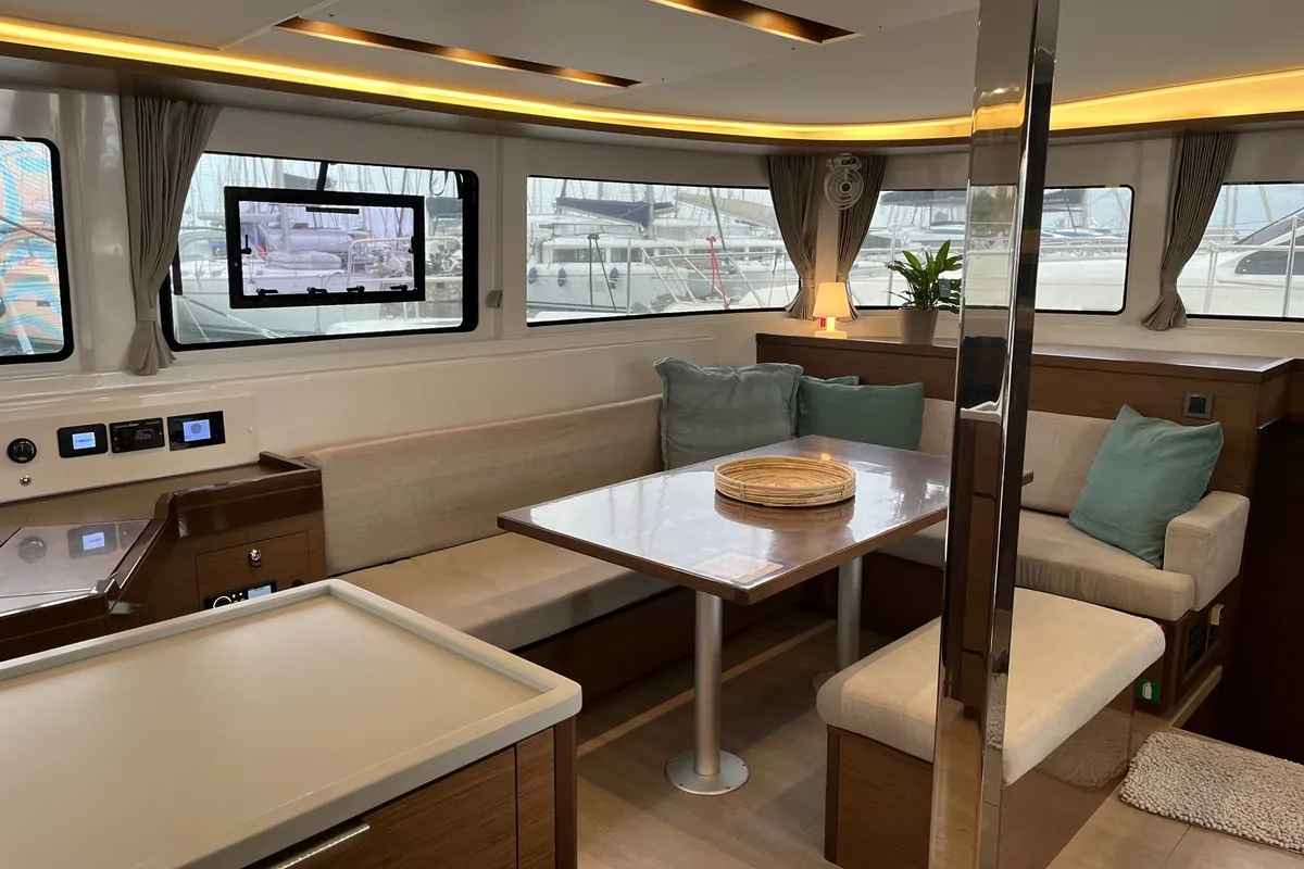Salon of White Pearl, a Lagoon 46 catamaran at Athens, Greece