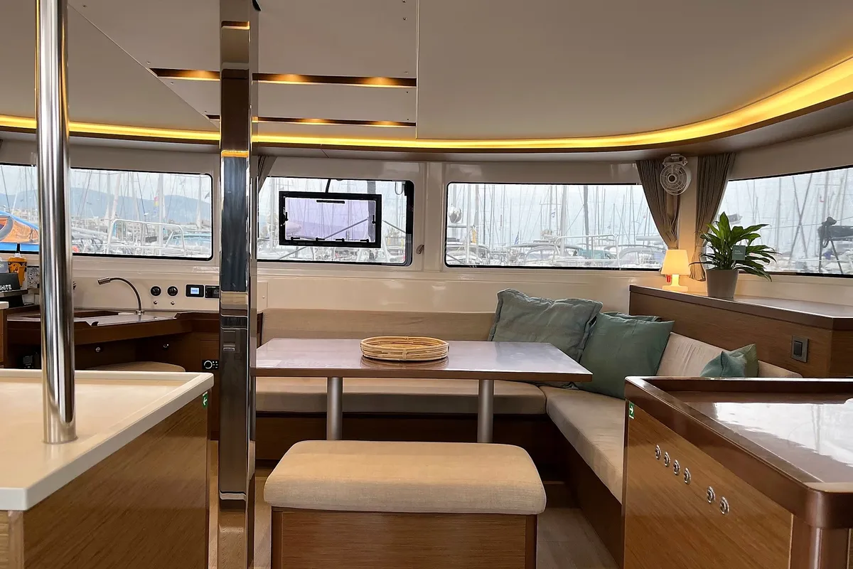 Salon of White Pearl, a Lagoon 46 catamaran at Athens, Greece