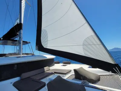Deck of White Pearl, a Lagoon 46 catamaran at Athens, Greece