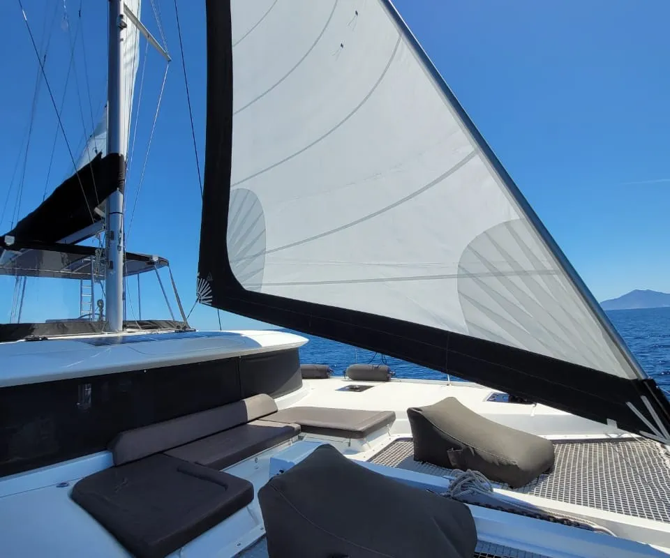 Deck of White Pearl, a Lagoon 46 catamaran at Athens, Greece