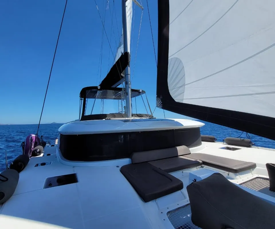 Deck of White Pearl, a Lagoon 46 catamaran at Athens, Greece