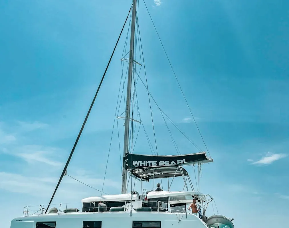 Exterior view of White Pearl, a Lagoon 46 catamaran at Athens, Greece