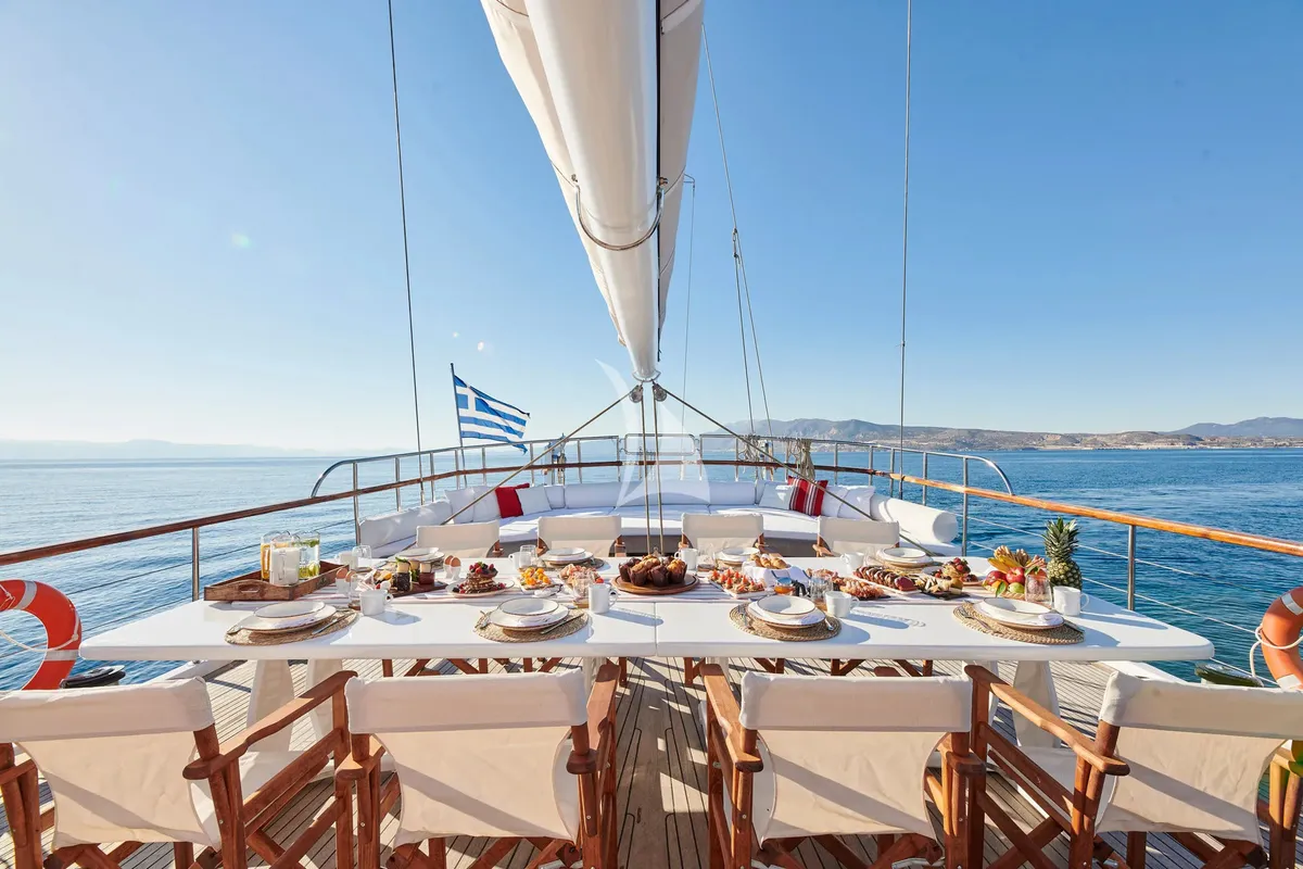 Exterior view of White Pearl, a Lagoon 46 catamaran at Athens, Greece