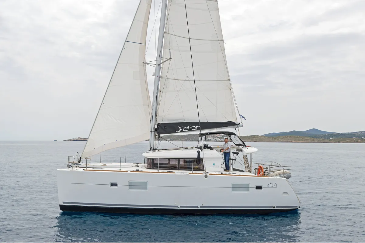 Exterior view of Libre, a Lagoon 400 S2 catamaran at Lavreotiki Municipal Unit, Greece