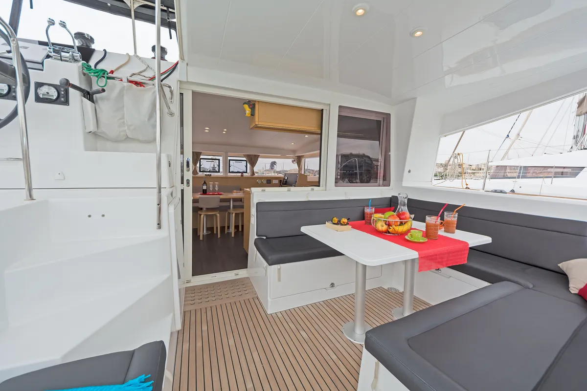 Deck of Libre, a Lagoon 400 S2 catamaran at Lavreotiki Municipal Unit, Greece