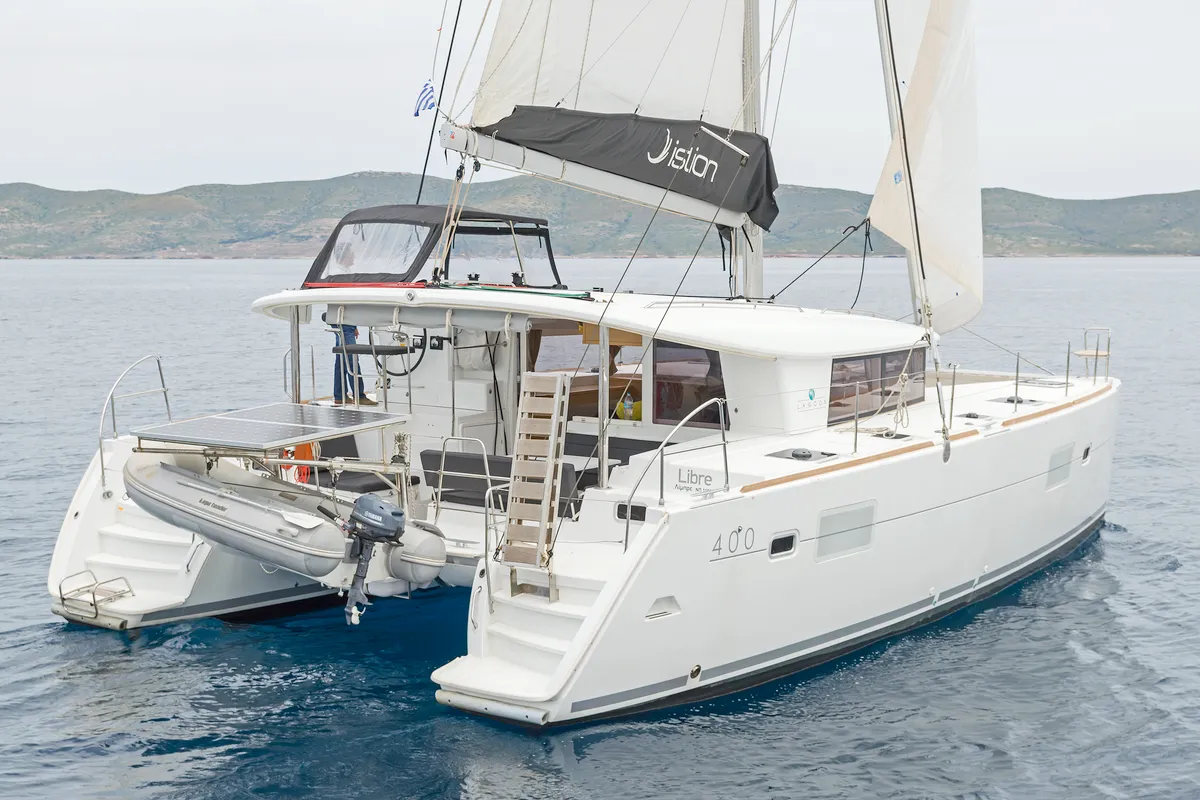 Exterior view of Libre, a Lagoon 400 S2 catamaran at Lavreotiki Municipal Unit, Greece
