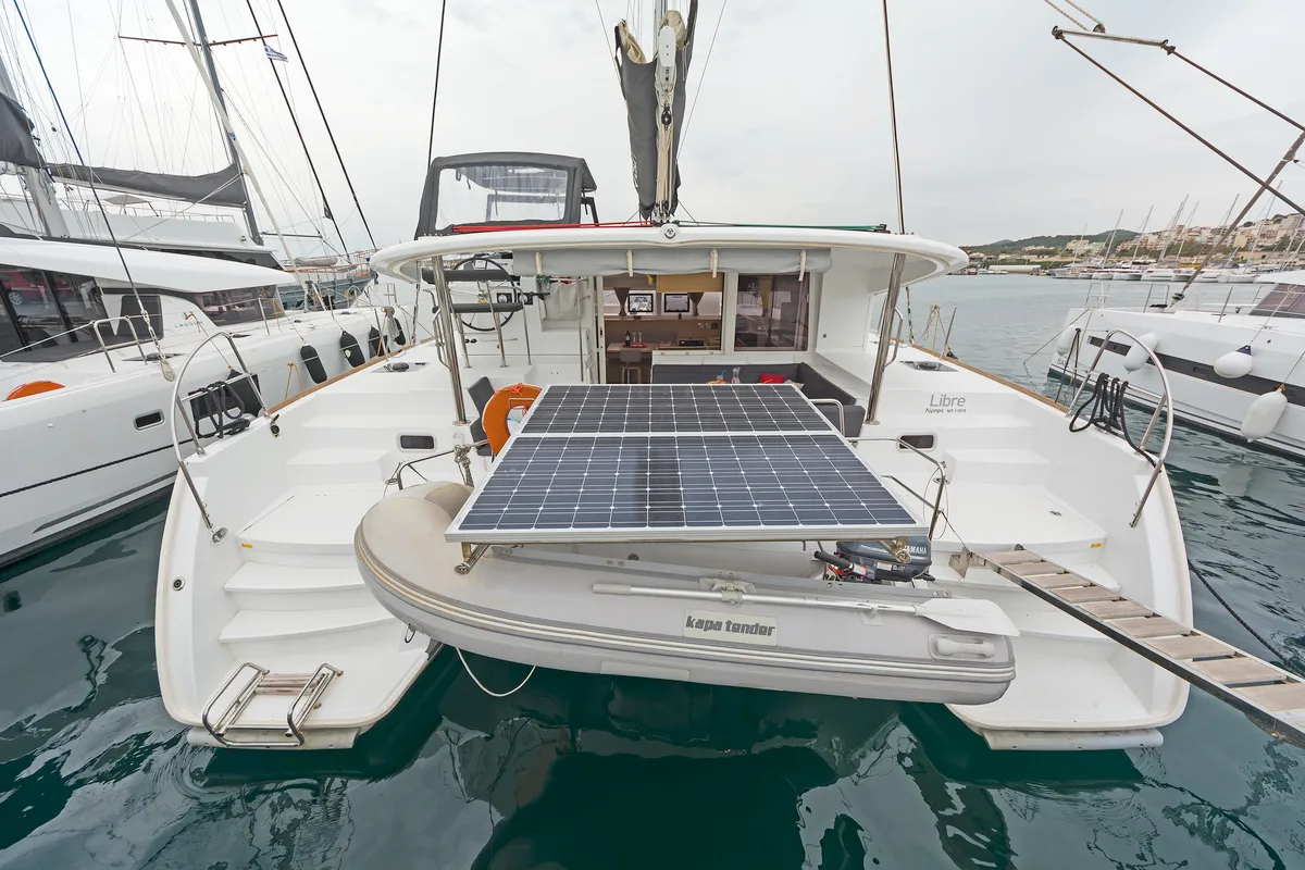 Exterior view of Libre, a Lagoon 400 S2 catamaran at Lavreotiki Municipal Unit, Greece