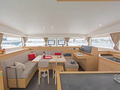 Salon of Libre, a Lagoon 400 S2 catamaran at Lavreotiki Municipal Unit, Greece