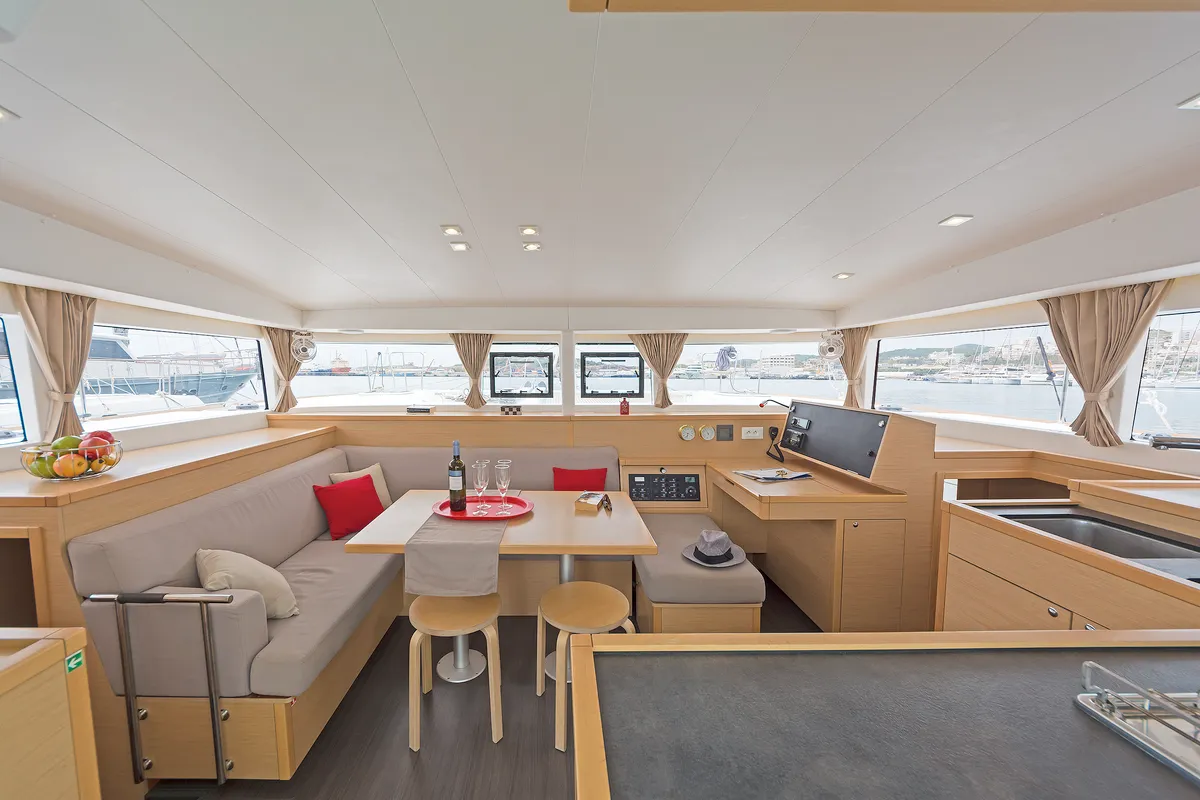 Salon of Libre, a Lagoon 400 S2 catamaran at Lavreotiki Municipal Unit, Greece