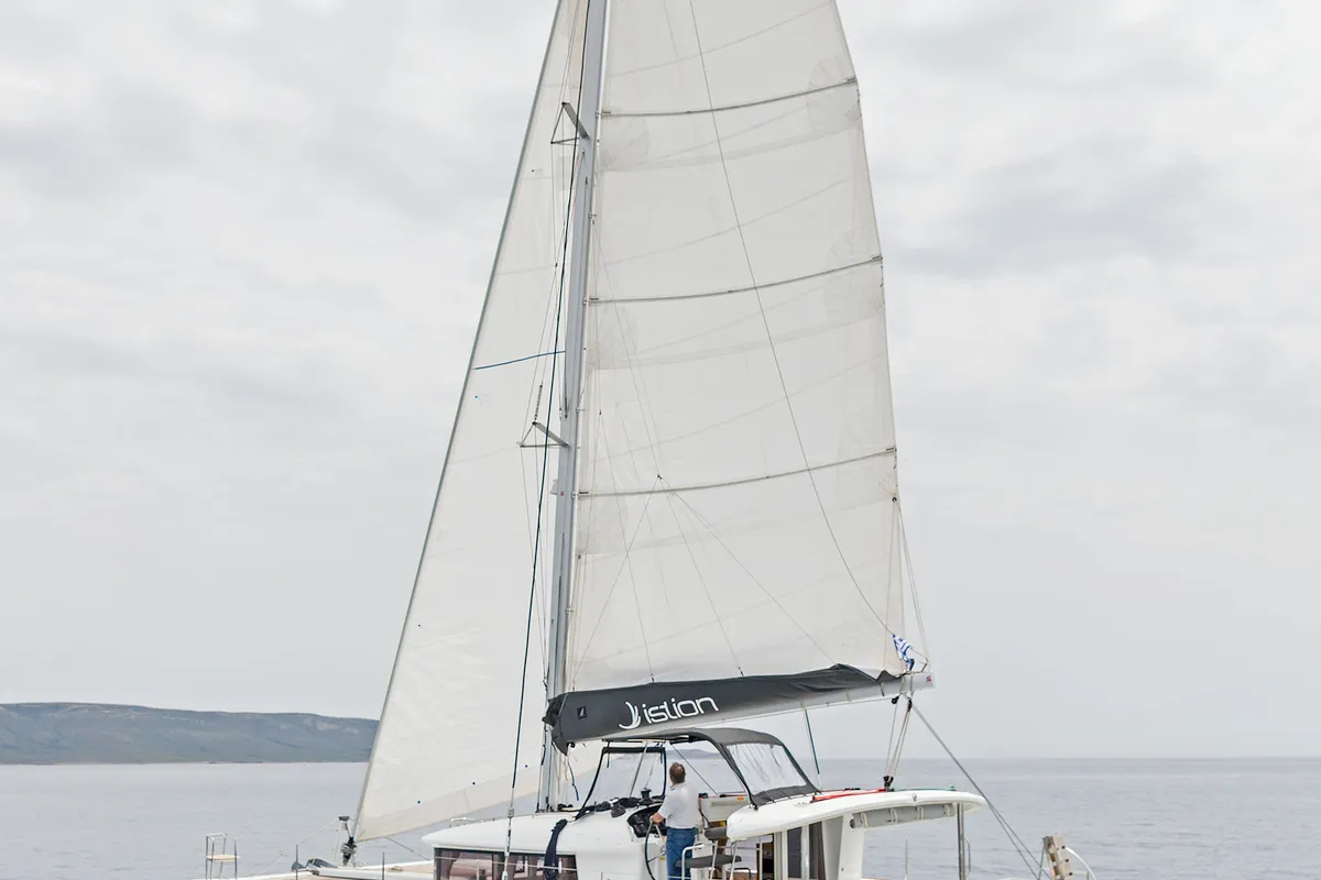Exterior view of Libre, a Lagoon 400 S2 catamaran at Lavreotiki Municipal Unit, Greece