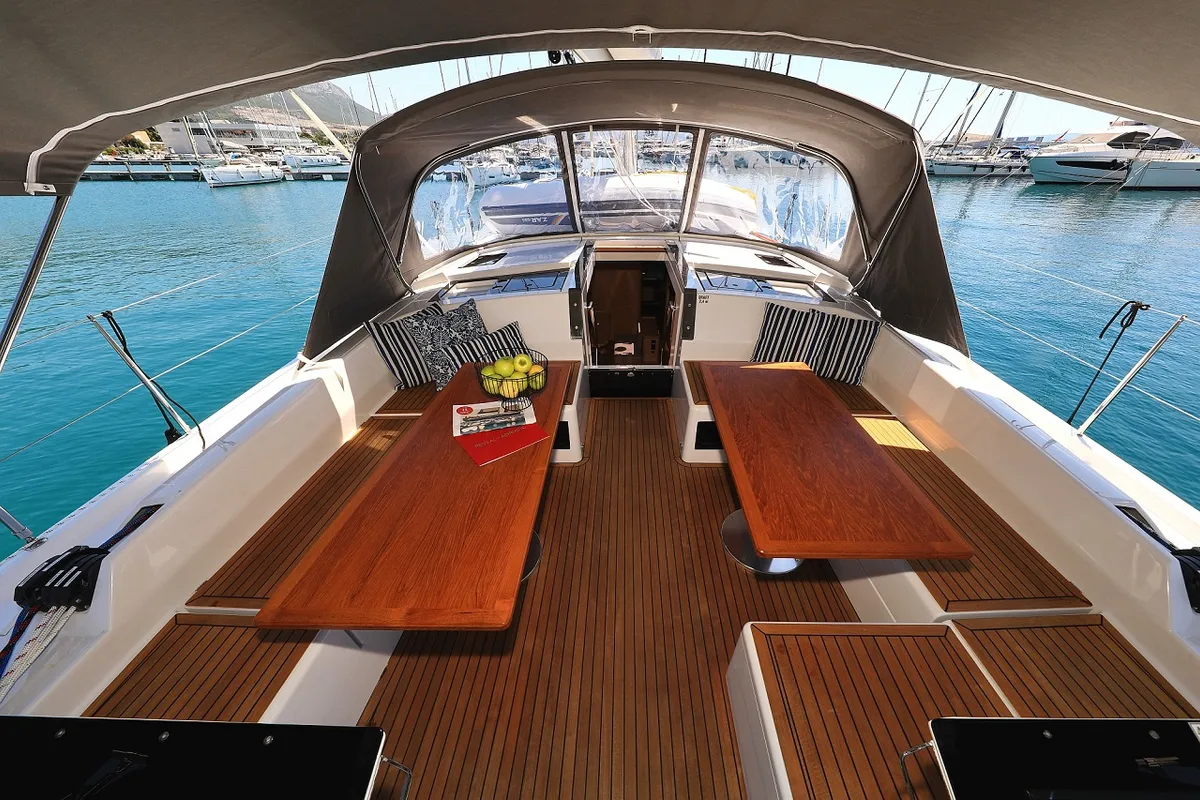 Cockpit of Miss Moneypenny, a Hanse 460 sailboat at Grad Kaštela, Croatia