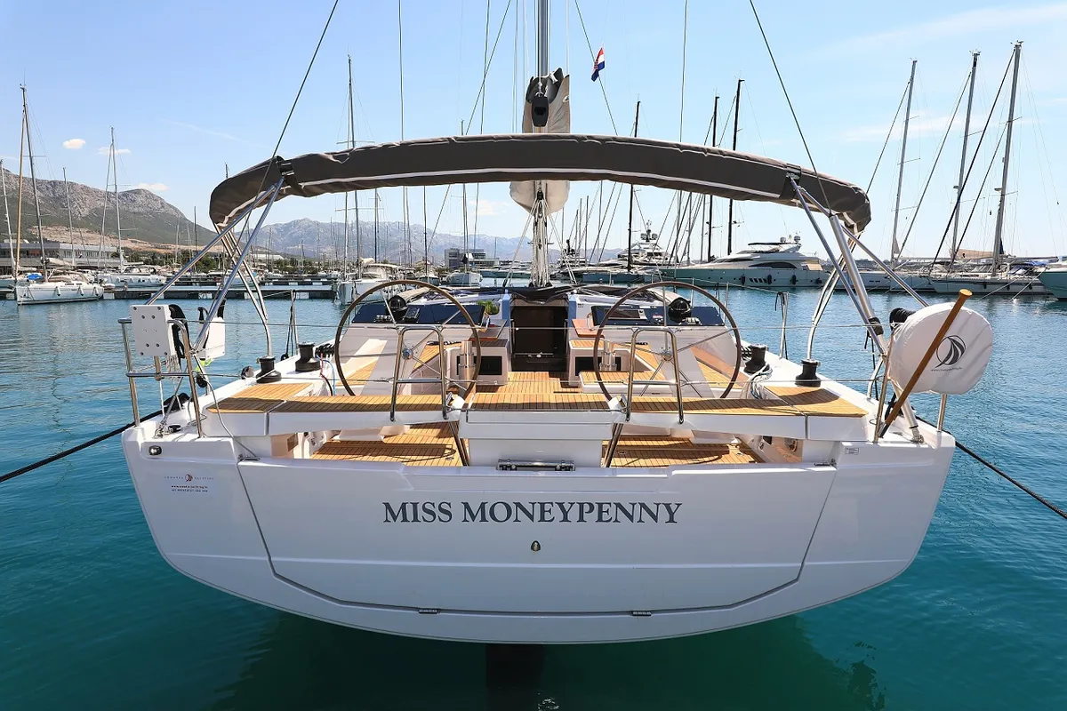 Exterior view of Miss Moneypenny, a Hanse 460 sailboat at Grad Kaštela, Croatia