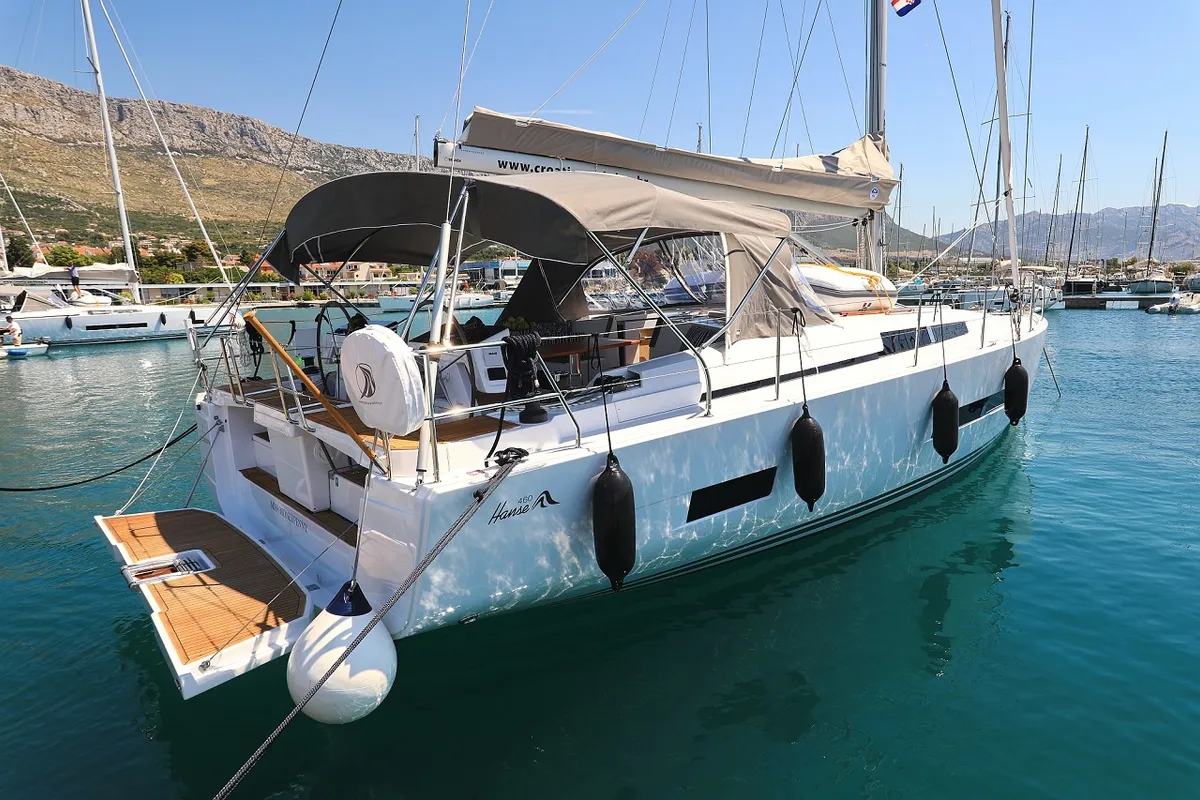 Exterior view of Miss Moneypenny, a Hanse 460 sailboat at Grad Kaštela, Croatia