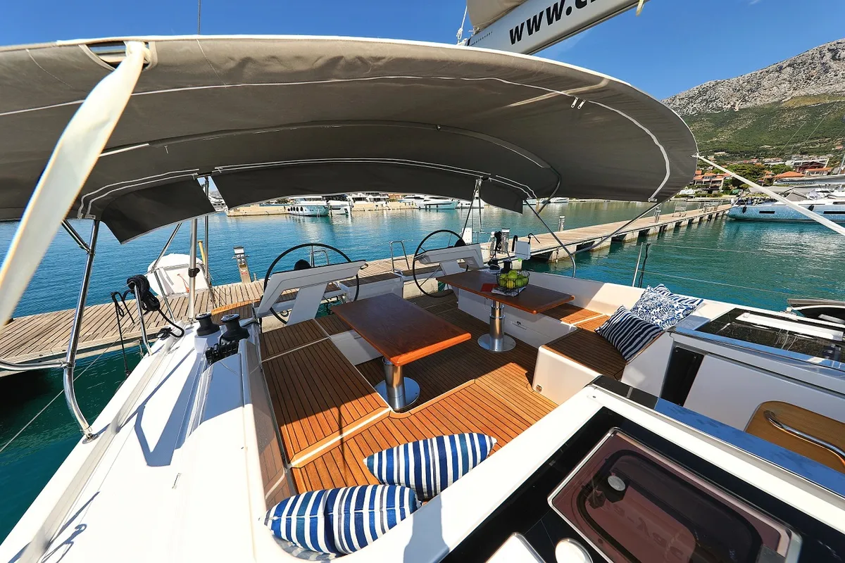 Cockpit of Miss Moneypenny, a Hanse 460 sailboat at Grad Kaštela, Croatia