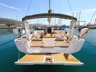 Deck of Miss Moneypenny, a Hanse 460 sailboat at Grad Kaštela, Croatia