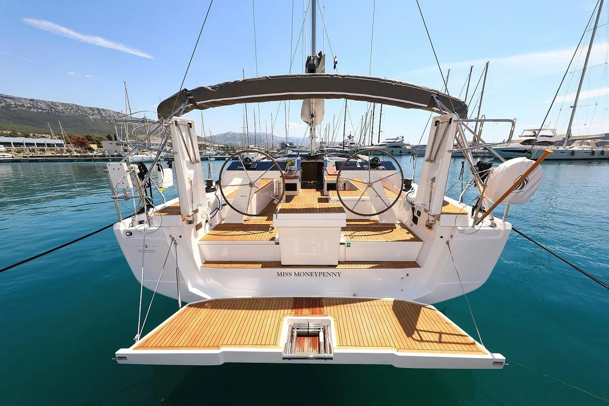Deck of Miss Moneypenny, a Hanse 460 sailboat at Grad Kaštela, Croatia