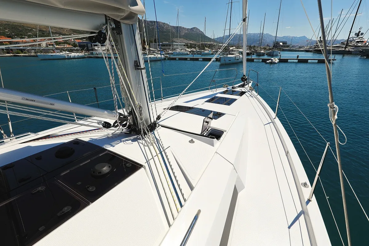 Deck of Miss Moneypenny, a Hanse 460 sailboat at Grad Kaštela, Croatia