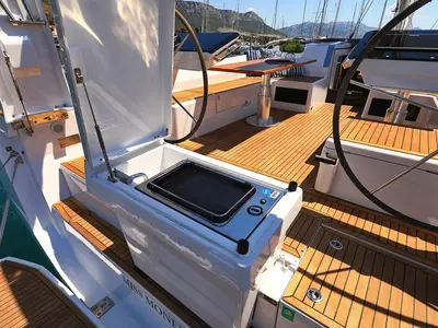 Cockpit of Miss Moneypenny, a Hanse 460 sailboat at Grad Kaštela, Croatia