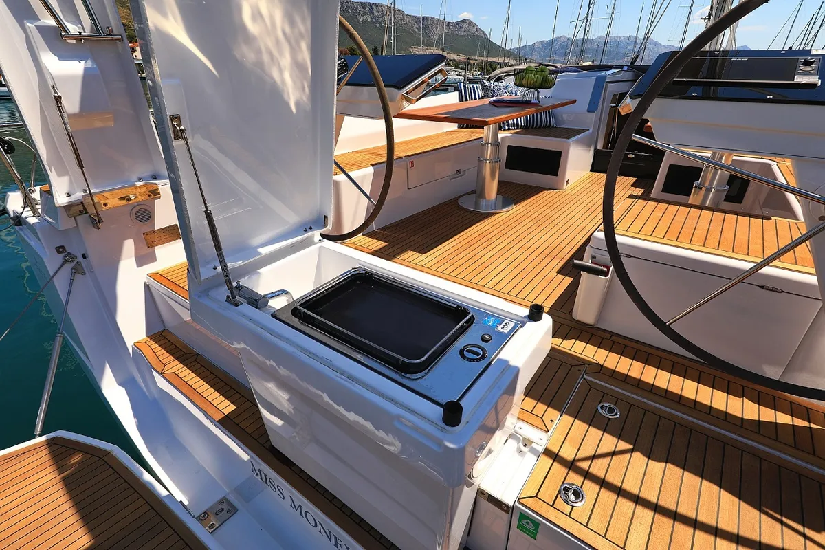 Cockpit of Miss Moneypenny, a Hanse 460 sailboat at Grad Kaštela, Croatia
