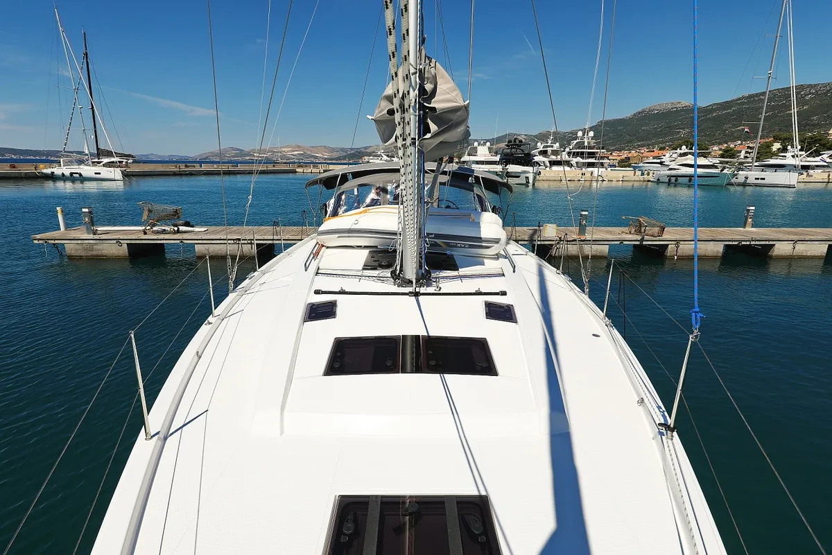 Deck of Miss Moneypenny, a Hanse 460 sailboat at Grad Kaštela, Croatia
