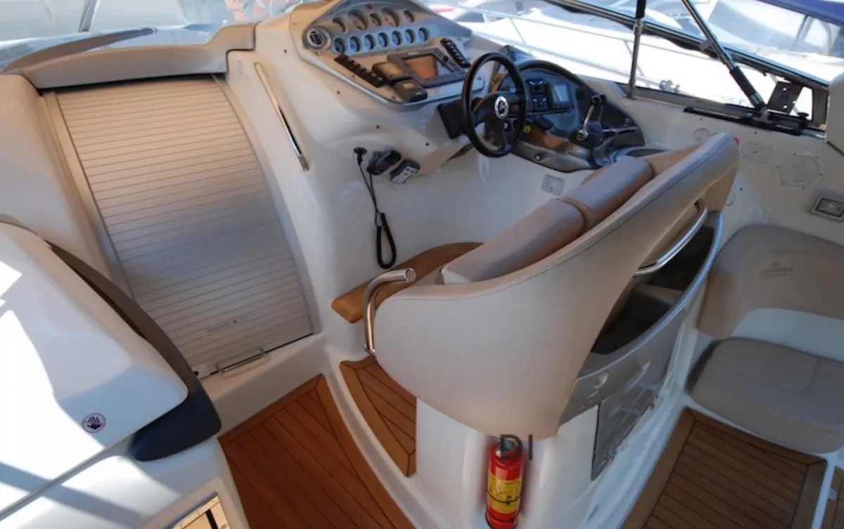 Cockpit of Tottoi, a Cranchi Zaffiro 36 motorboat at Cannigione, Italy
