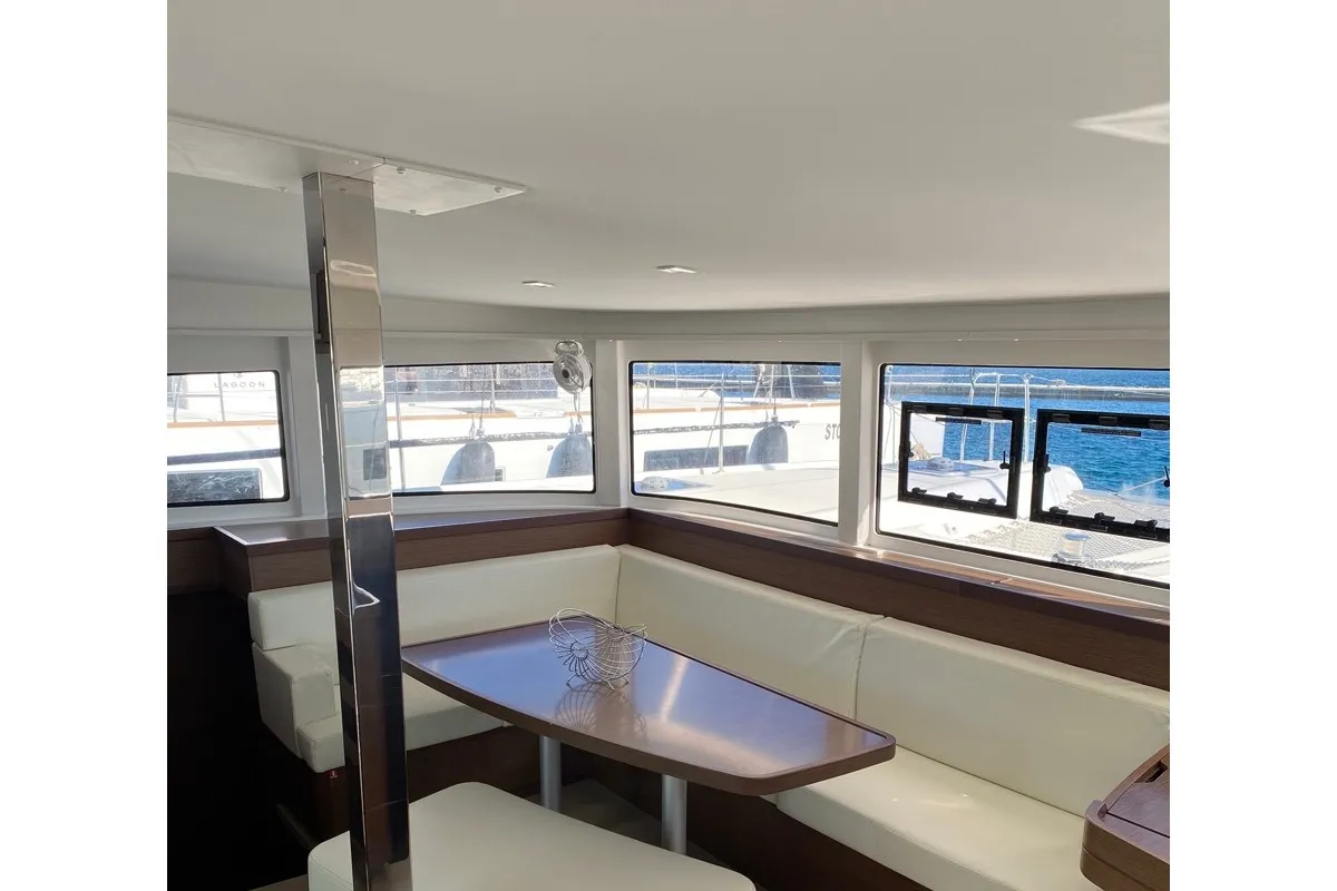 Salon of Felis, a Lagoon 42 catamaran at Olbia, Italy