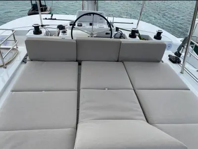 Cockpit of Dreamers, a Lagoon 50 catamaran at Olbia, Italy