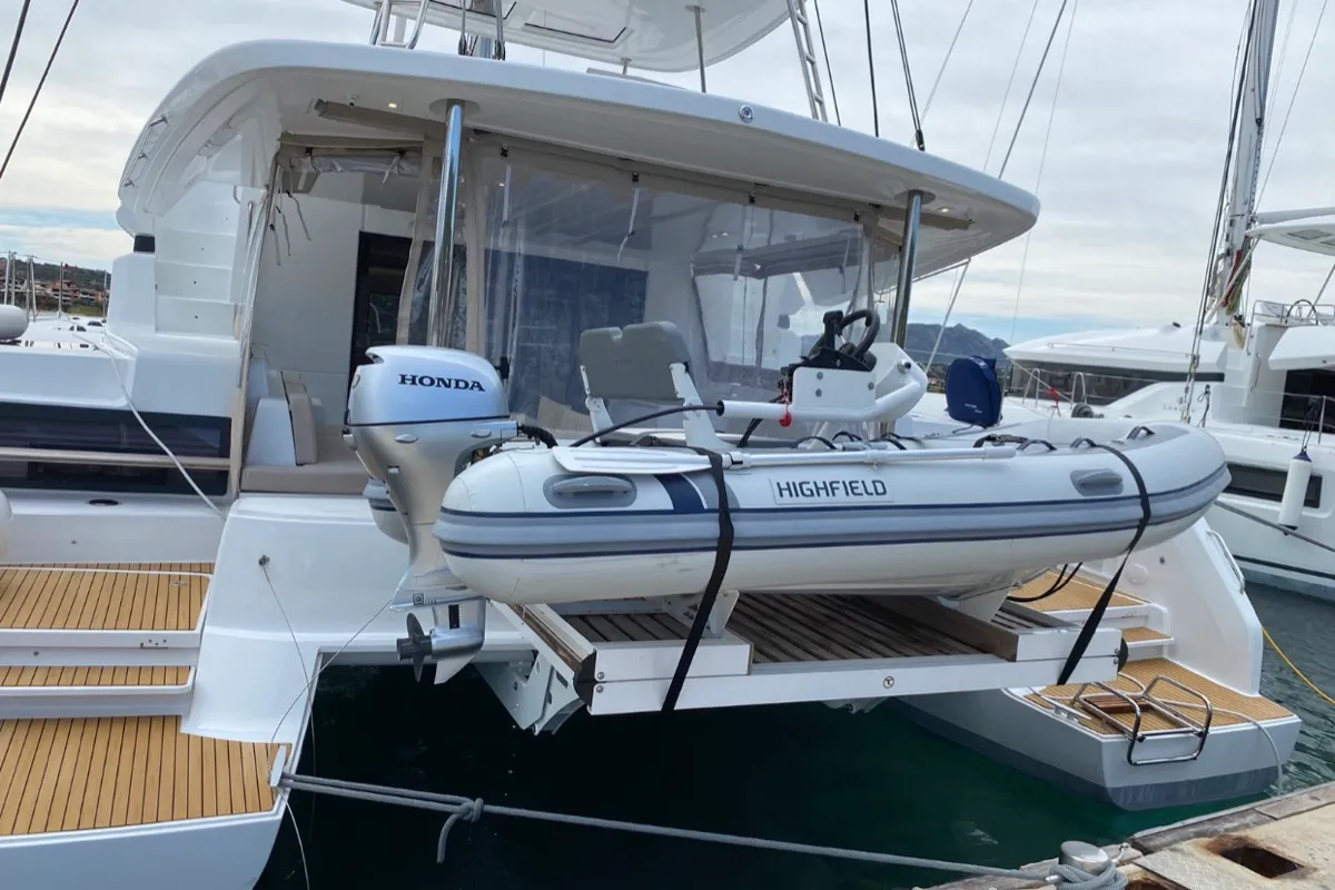 Exterior view of Dreamers, a Lagoon 50 catamaran at Olbia, Italy