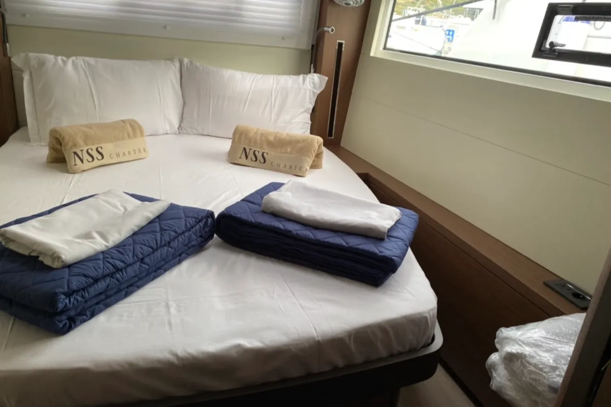 Cabin on Dreamers, a Lagoon 50 catamaran at Olbia, Italy