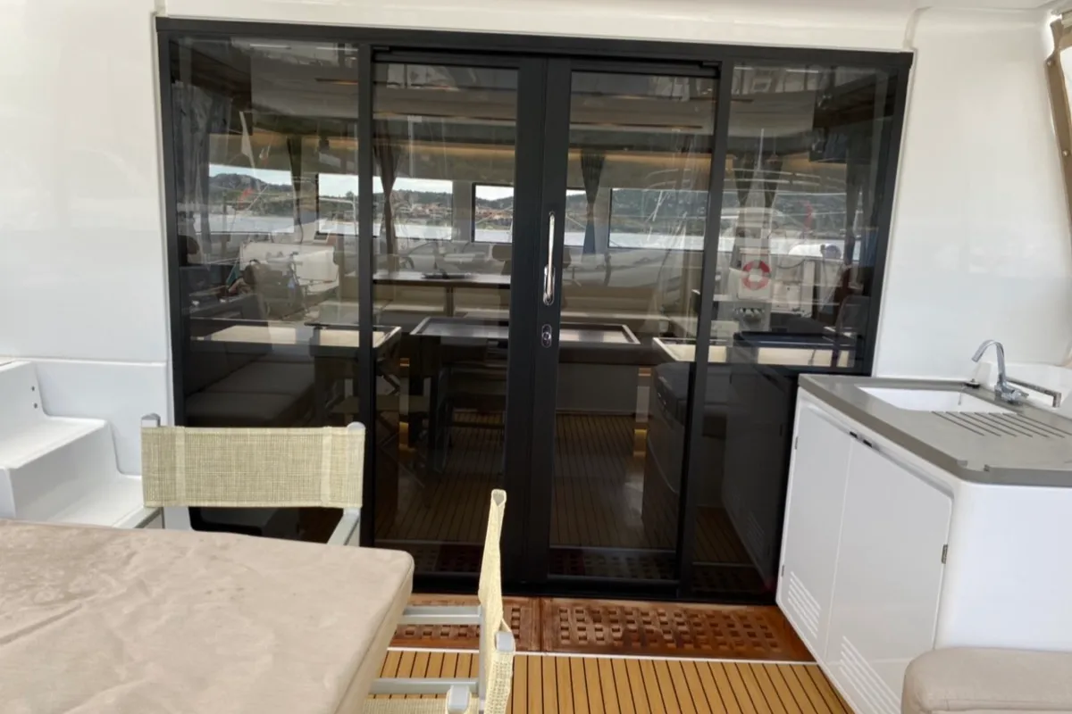 Deck of Dreamers, a Lagoon 50 catamaran at Olbia, Italy