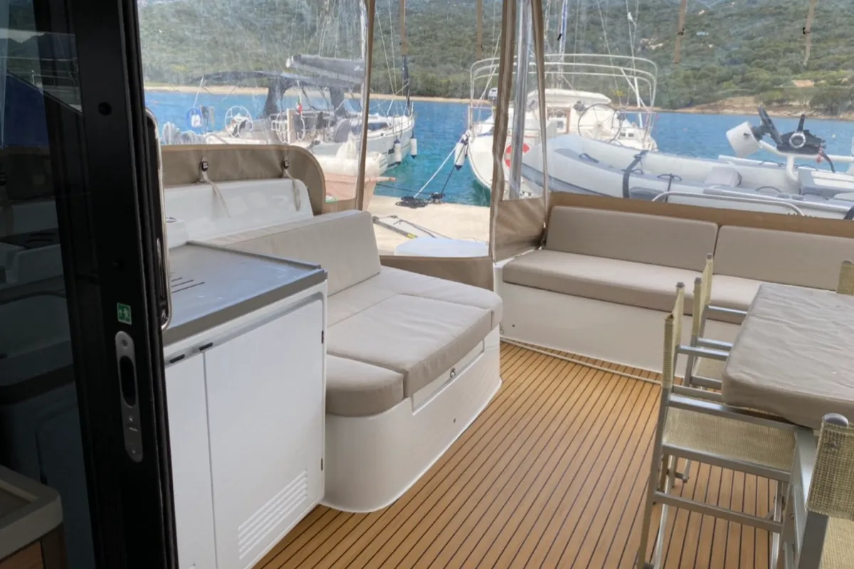 Deck of Dreamers, a Lagoon 50 catamaran at Olbia, Italy