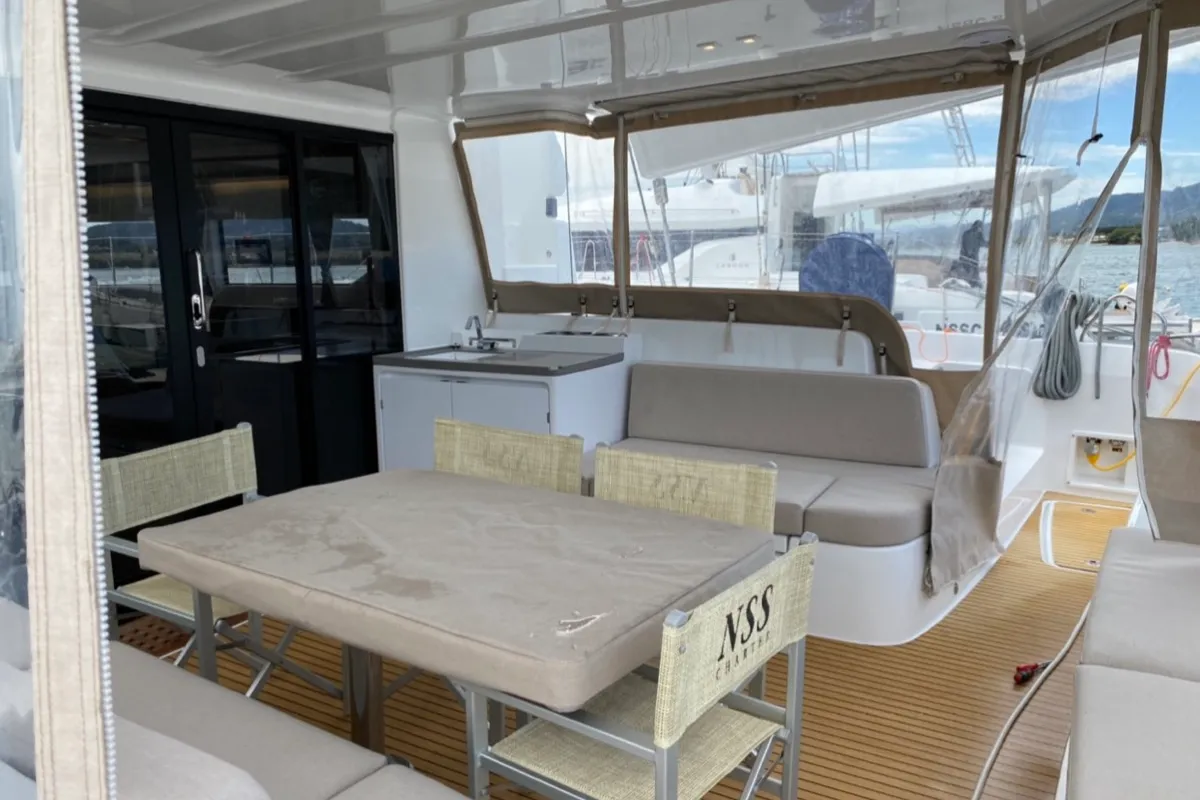 Deck of Dreamers, a Lagoon 50 catamaran at Olbia, Italy