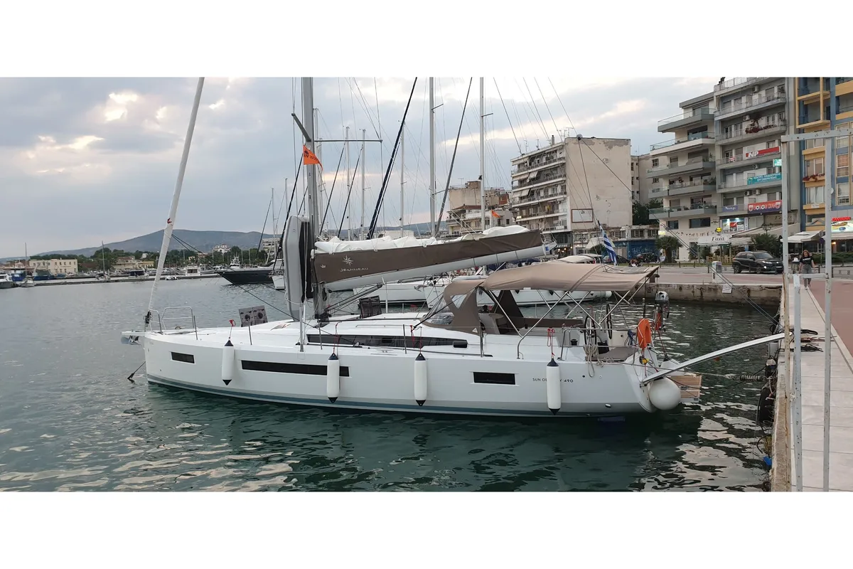 Exterior view of Helia, a Jeanneau Sun Odyssey 490 sailboat at Volos, Greece