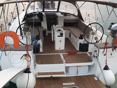 Cockpit of Helia, a Jeanneau Sun Odyssey 490 sailboat at Volos, Greece
