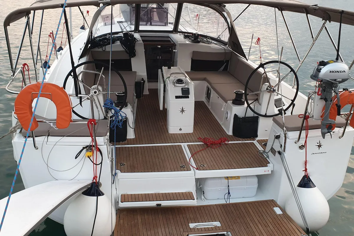 Cockpit of Helia, a Jeanneau Sun Odyssey 490 sailboat at Volos, Greece