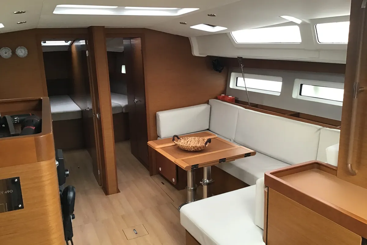 Salon of Helia, a Jeanneau Sun Odyssey 490 sailboat at Volos, Greece