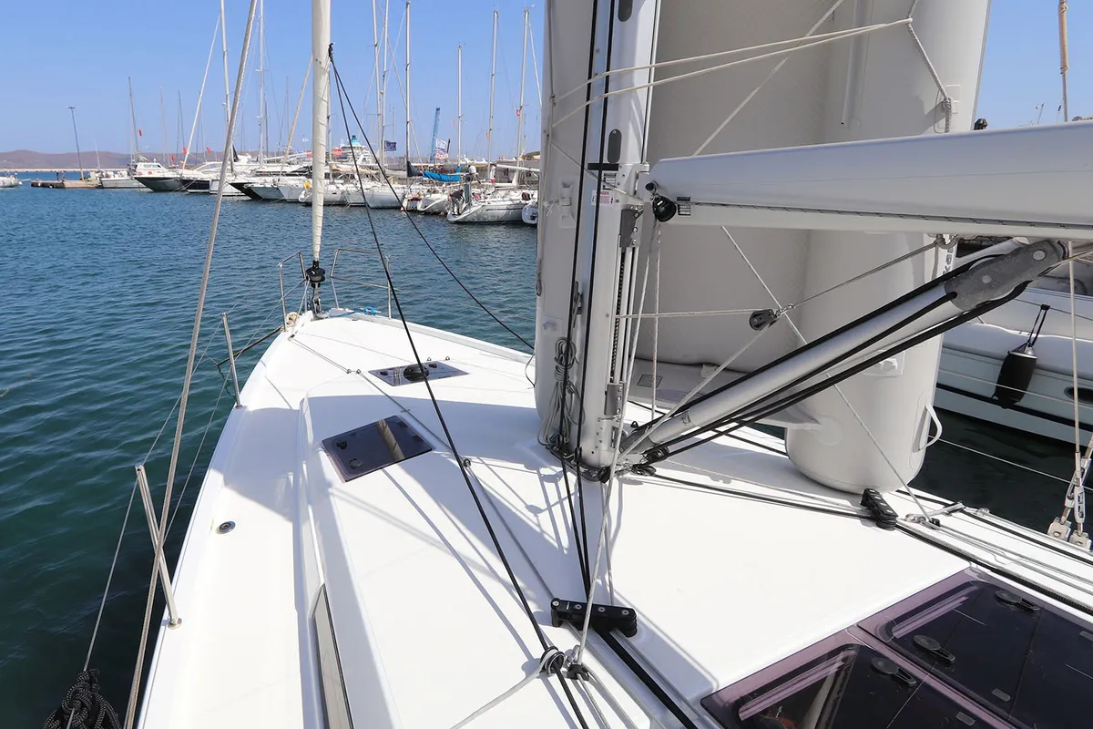 Exterior view of Paris, a Jeanneau Sun Odyssey 410 sailboat at Lavreotiki Municipal Unit, Greece