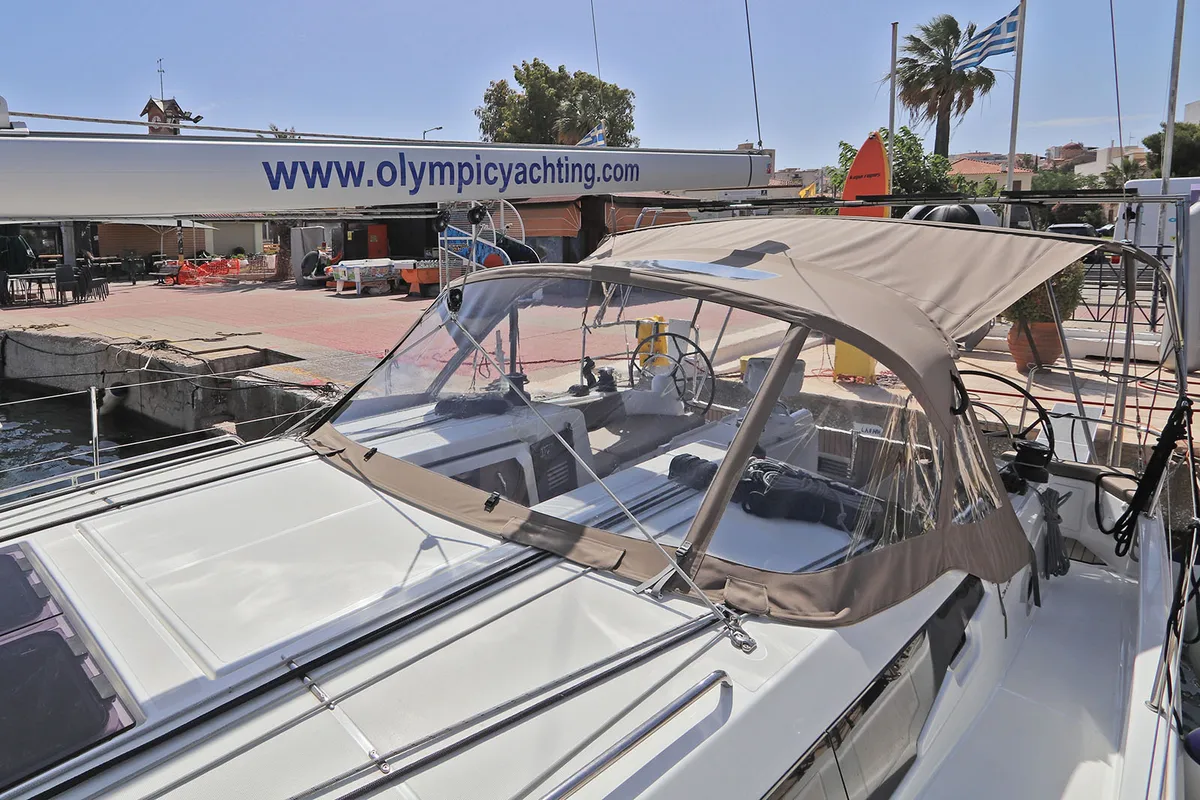 Deck of Paris, a Jeanneau Sun Odyssey 410 sailboat at Lavreotiki Municipal Unit, Greece