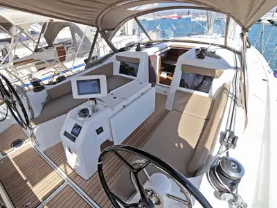 Cockpit of Paris, a Jeanneau Sun Odyssey 410 sailboat at Lavreotiki Municipal Unit, Greece