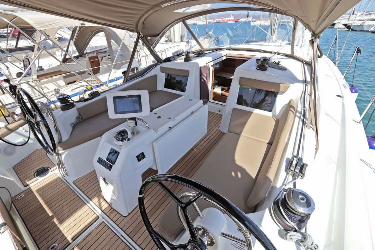 Cockpit of Paris, a Jeanneau Sun Odyssey 410 sailboat at Lavreotiki Municipal Unit, Greece