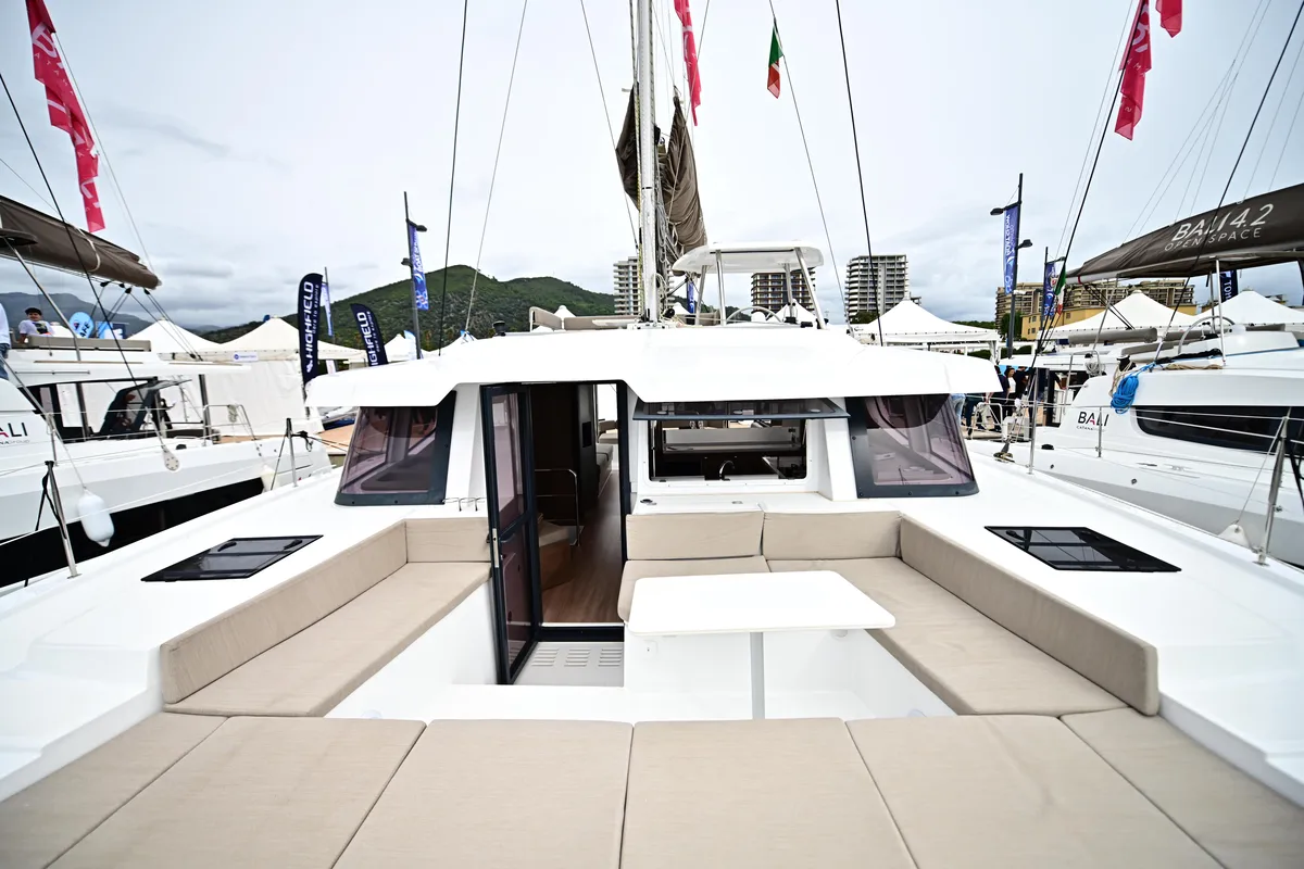 Exterior view of SKYFALL, a Bali 4.4 catamaran at Tonnarella, Italy