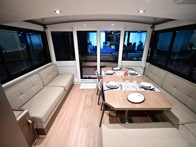 Salon of SKYFALL, a Bali 4.4 catamaran at Tonnarella, Italy