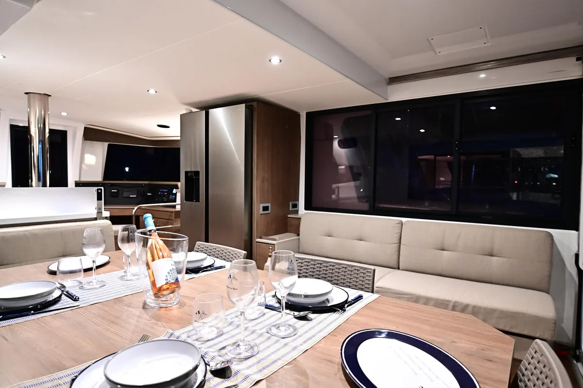Salon of SKYFALL, a Bali 4.4 catamaran at Tonnarella, Italy