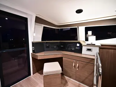 Cockpit of SKYFALL, a Bali 4.4 catamaran at Tonnarella, Italy