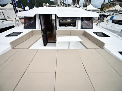 Deck of SKYFALL, a Bali 4.4 catamaran at Tonnarella, Italy