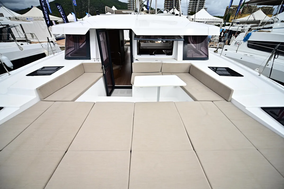 Deck of SKYFALL, a Bali 4.4 catamaran at Tonnarella, Italy