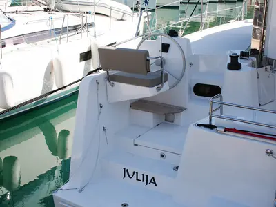 Cockpit of Julija, a Bali Catsmart catamaran at Dubrovnik, Croatia