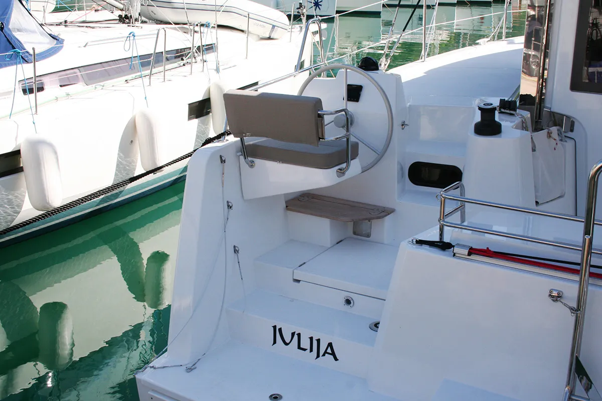 Cockpit of Julija, a Bali Catsmart catamaran at Dubrovnik, Croatia
