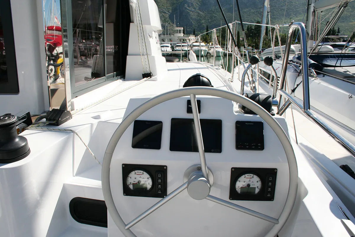 Cockpit of Julija, a Bali Catsmart catamaran at Dubrovnik, Croatia